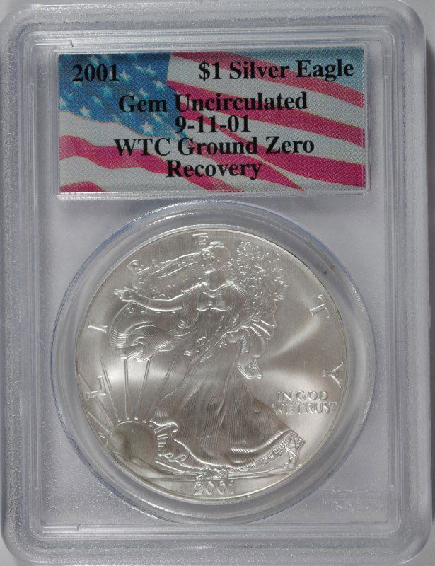 2001 SILVER AMERICAN EAGLE PCGS GEM UNC (WORLD TRADE (1 of 4)