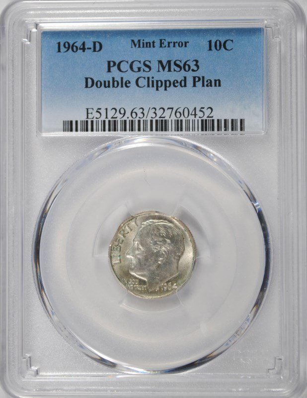 1964-D MINT ERROR ROOSEVELT DIME, DOUBLE CLIPPED: ESTIMATE, $350.00 TO $400.00 SILVERTOWNE AUCTIONS IS RANKED ONE OF THE BEST INTERNET AUCTIONS