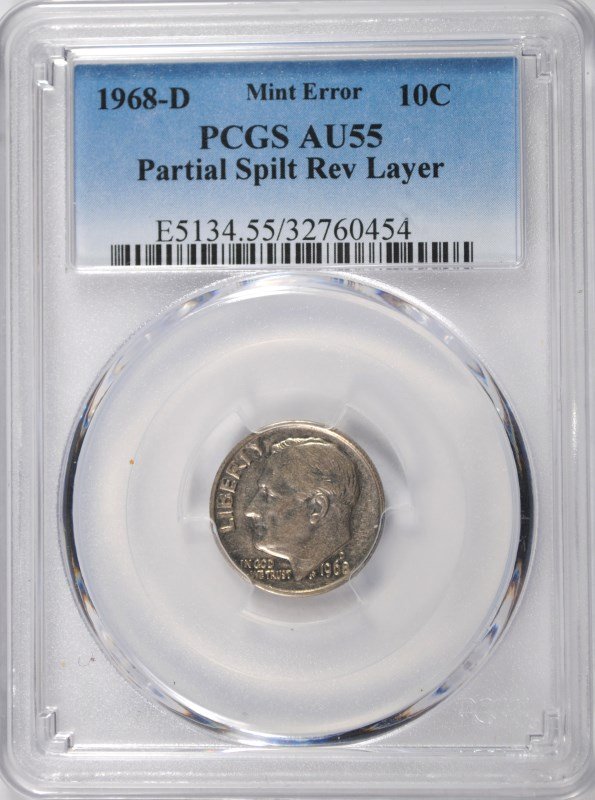 1968-D MINT ERROR ROOSEVELT DIME, PARTIAL SPLIT REVERSE: REALLY COOL COIN IS SPLIT IN HALF, ESTIMATE, $450.00 TO $500.00 SILVERTOWNE AUCTIONS IS RANKED ONE OF THE BEST INTERNET AUCTIONS