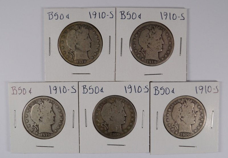 (5) 1910-S BARBER HALF DOLLARS (1 of 2)