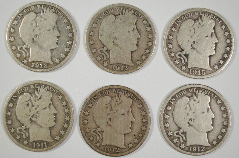 (6) BARBER HALF DOLLARS (1911-S, 1912, 1912-D, 1913-D, (1 of 2)