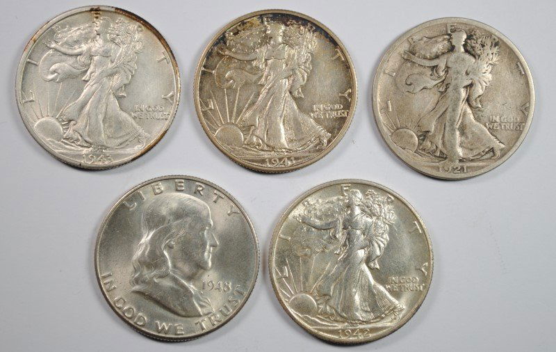 (5) MISC HALF DOLLARS (1921-S, 1941-S, 1942-S, 1943-S, (1 of 2)
