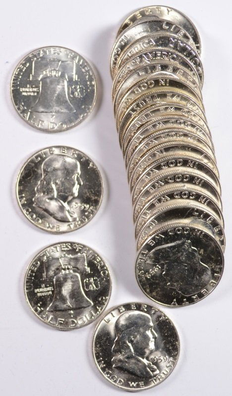 ORIGINAL GEM BU ROLL OF 1959-D FRANKLIN HALF DOLLARS (1 of 1)