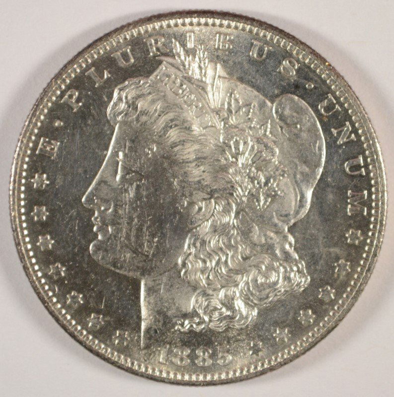 1885-S MORGAN SILVER DOLLAR, CHOICE BU SEMI-PL: ESTIMATE, $300.00 TO $350.00 Bid with confidence at Silvertowne Auctions. One of internet’s leading Auction Houses