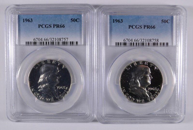 ( 2 ) 1963 FRANKLIN HALF DOLLARS, PCGS PR-66 (1 of 2)