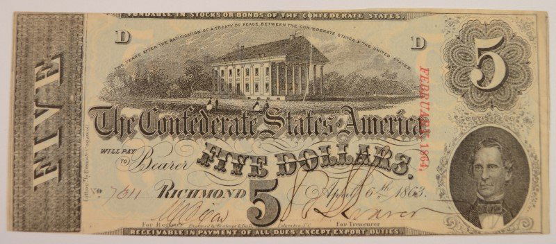 1863 $5 CONFEDERATE STATES OF AMERICA NOTE AU/CU (T-60) (1 of 2)