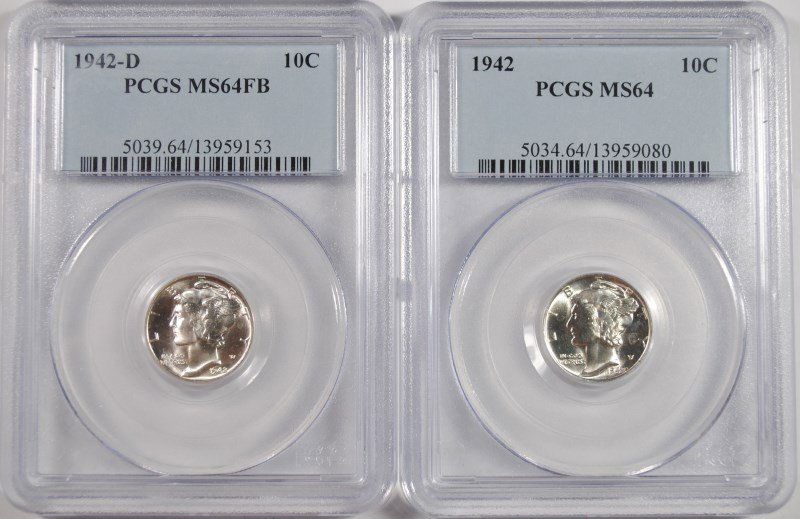 2 MERCURY DIMES: 1942 PCGS MS64 & 1942-D PCGS MS64 FB (1 of 2)