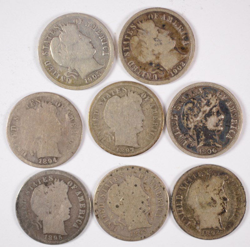 (8) BARBER DIMES (1892, 1893-S, 1894-O, 1895-S, 1897-S, (1 of 2)