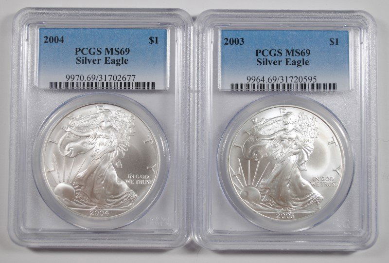 2003 & 2004 AMERICAN SILVER EAGLES, PCGS MS-69 (1 of 2)