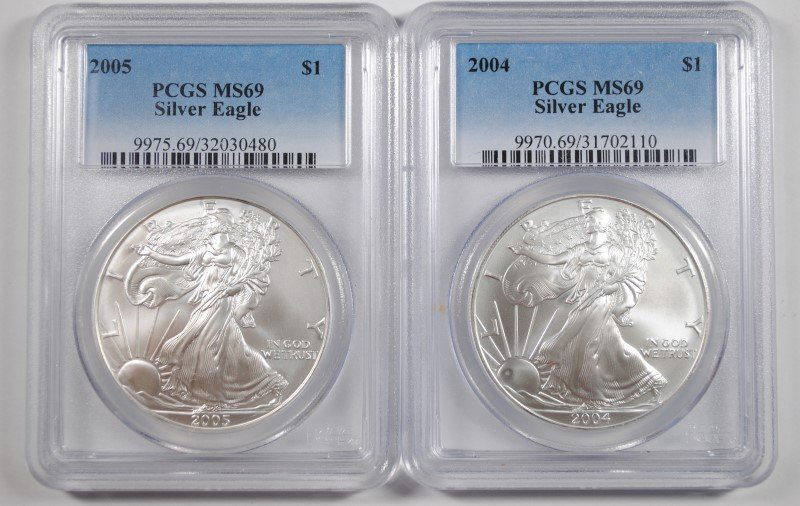 2004 & 2005 AMERICAN SILVER EAGLES, PCGS MS-69 (1 of 2)