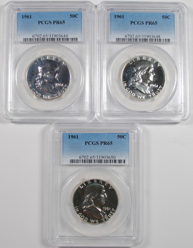 ( 3 ) 1961 FRANKLIN HALF DOLLARS, PCGS PR-65 (1 of 2)