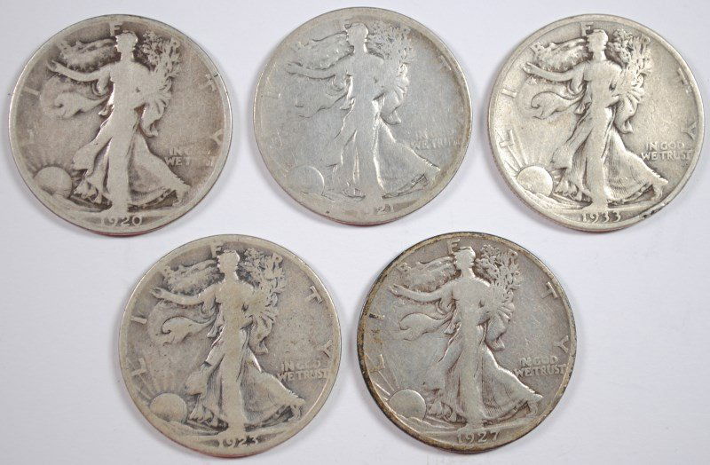 (5) WALKING LIBERTY HALF DOLLARS (1920-S, 1921-S, (1 of 2)