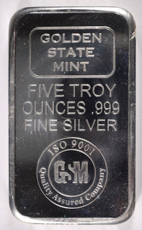 A FIVE OUNCE .999 SILVER BAR ( GOLDEN STATE MINT ) (1 of 2)