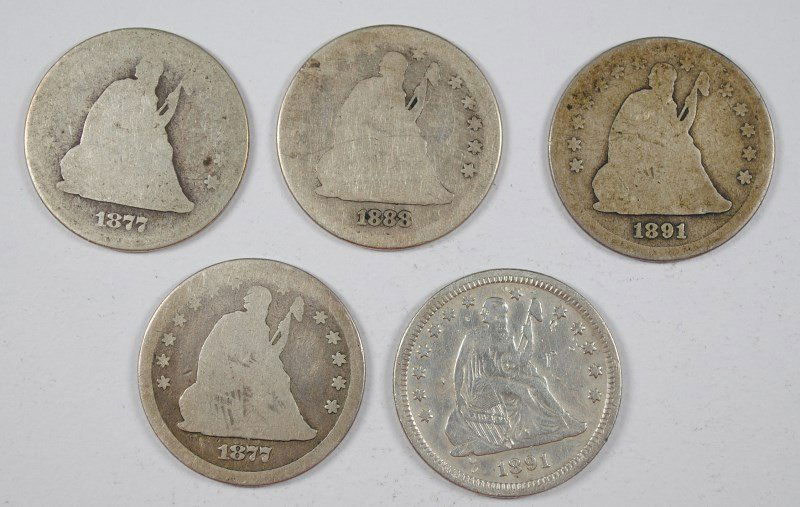 (5) SEATED QUARTERS (1877-S, 1877-CC, 1888-S, 1891, (1 of 2)