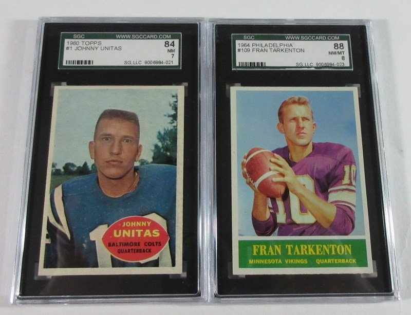 2 - NFL GREATS 1960 TOPPS #1 UNITAS SGC NM7 & 1964 PHIL (1 of 2)