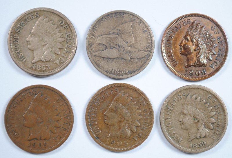 (6) INDIAN HEAD CENTS (1858, 1859, 1863, 1905, 1906, (1 of 2)