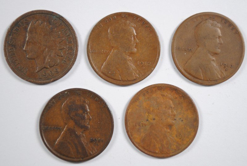 (5) MISC CENTS (1909 IND, 1911-D, 1911-S, 1912-D, (1 of 2)