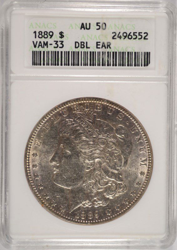 1889 MORGAN SILVER DOLLAR, ANACS AU-50 VAM-33 DOUBLE (1 of 4)
