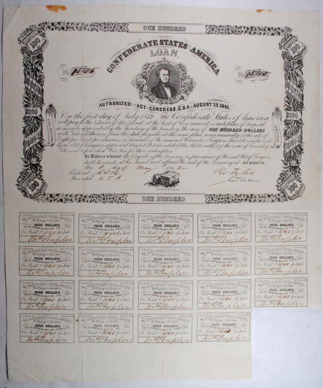 1861 CSA $100.00 BOND CR-34/B-72 MALLORY CSA NAVY  VF+ (1 of 2)