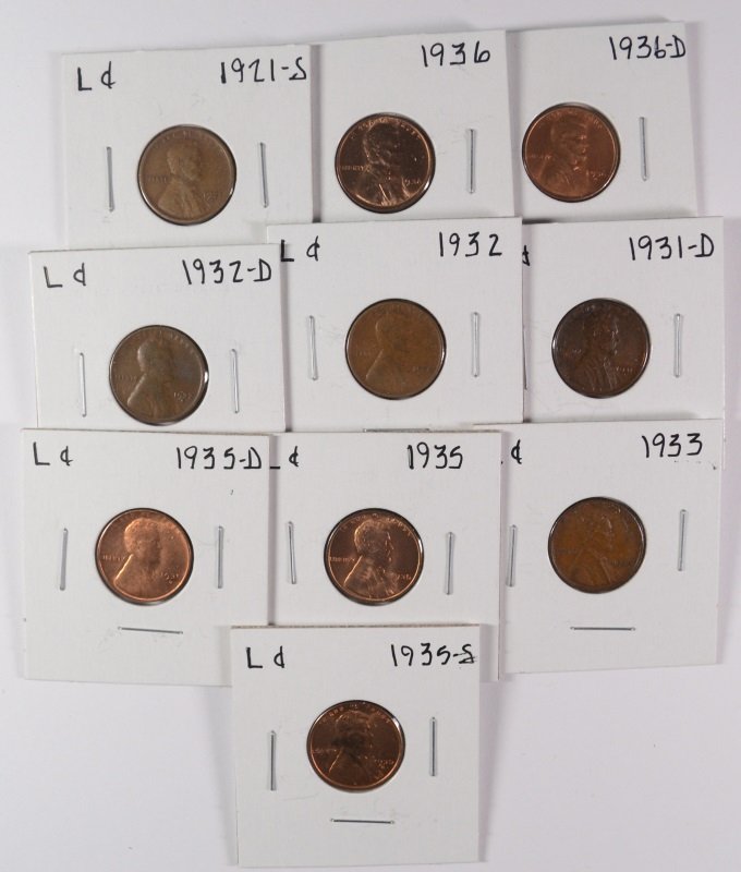 (10) LINCOLN CENTS (1921-S, 1931-D, 1932, 1932-D, 1933, (1 of 2)