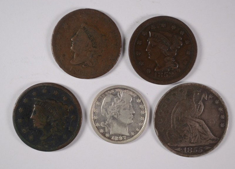 5 COINS: 1897 BARBER QUARTER FINE; 1855-O ARROWS SEATED (1 of 2)