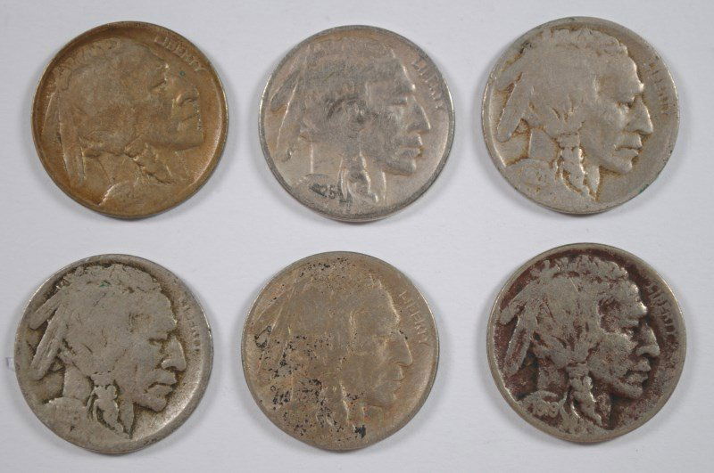 (6) BUFFALO NICKELS (1916, 1916-S, 1919, 1920-D,: ESTIMATE $40 - $50. SILVERTOWNE AUCTIONS IS KNOWN FOR QUALITY & SERVICE. REGISTER TO BID!