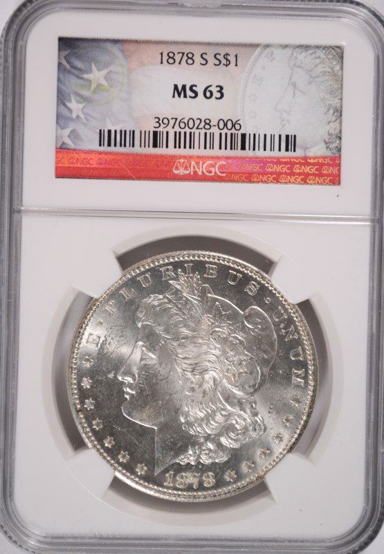 1878-S MORGAN DOLLAR NGC MS-63: ESTIMATE $120 - $140. SILVERTOWNE AUCTIONS IS KNOWN FOR QUALITY & SERVICE. REGISTER TO BID!