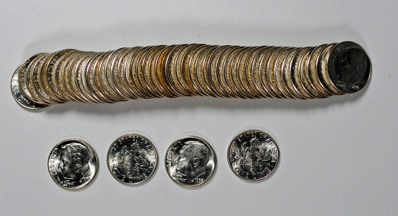 GEM BU ROLL OF ROOSEVELT DIMES: 1955, 55-S, 58 & 61-D (1 of 1)