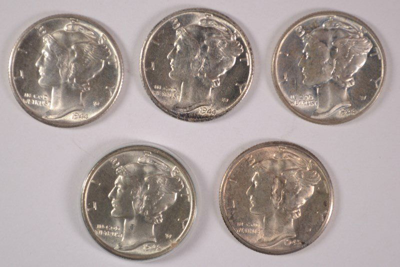 (5) CH BU MERCURY DIMES (1942-D, 1944, 1944-D, 1944-S, (1 of 2)