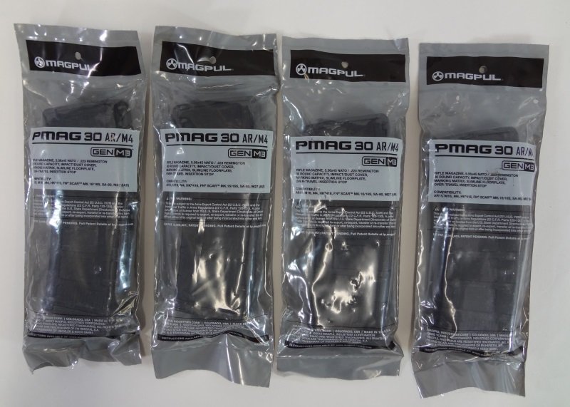 4 Magpuls PMAG 30 AR/M4 Rifle Magazine. 5.56x45 Nato/: 4 Magpuls PMAG 30 AR/M4 Rifle Magazine. 5.56x45 Nato/ .223 Remington. 30 Round Capacity, impact/dust cover, marking matrix, slimline floor plate, over-travel insertion stop. EST:$50-$60