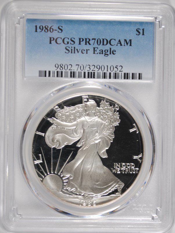 1986-S PROOF AMERICAN SILVER EAGLE, PCGS PR-70 DCAM (1 of 4)