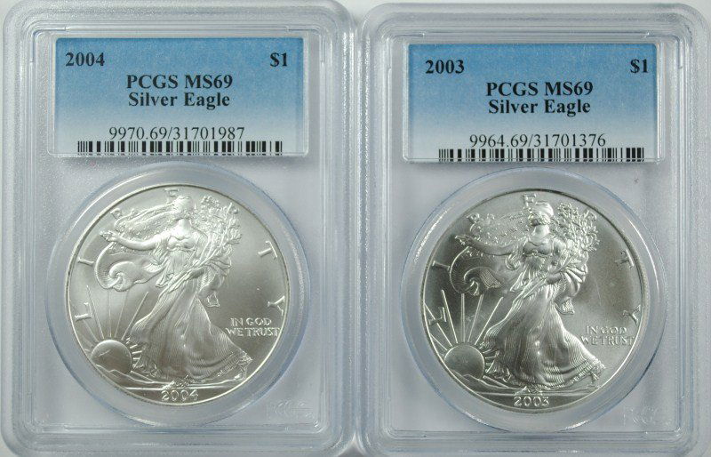 2003 & 2004 AMERICAN SILVER EAGLES, PCGS MS-69 (1 of 2)