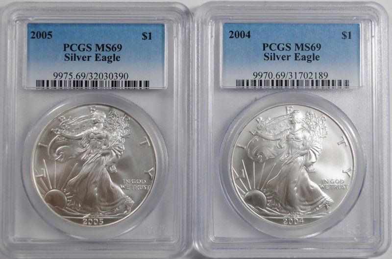 2004 & 2005 AMERICAN SILVER EAGLES, PCGS MS-69 (1 of 2)