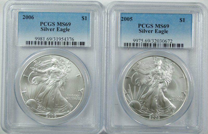 2005 & 2006 AMERICAN SILVER EAGLES, PCGS MS-69 (1 of 2)