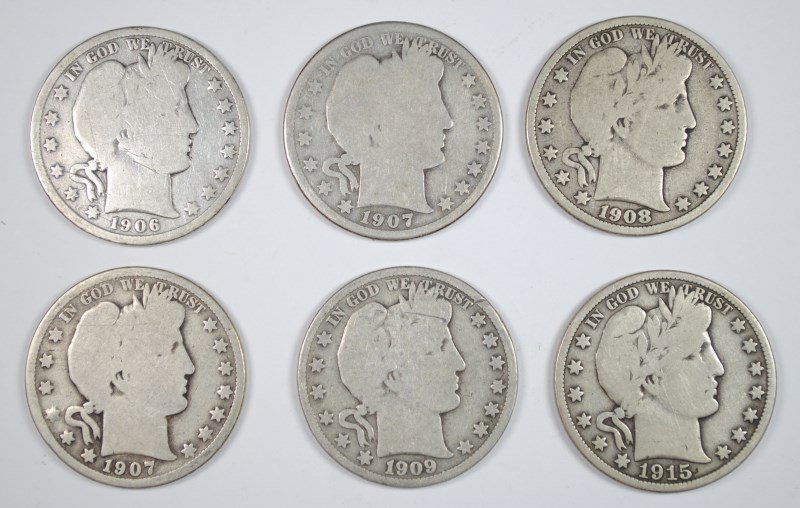 ( 6 ) BARBER HALF DOLLARS (1906-D, 1907-D, 1907-O, (1 of 2)