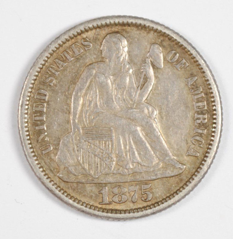 1875 SEATED LIBERTY DIME, AU/BU  TONED (1 of 2)