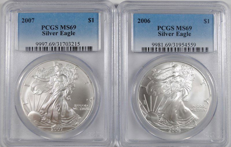 2006 AND 2007 AMERICAN SILVER EAGLES, PCGS MS-69 (1 of 2)