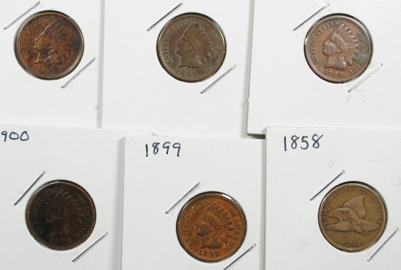 1858 FLYING EAGLE CENT VG+, 5-INDIAN CENTS; 2-1895 XF & (1 of 2)