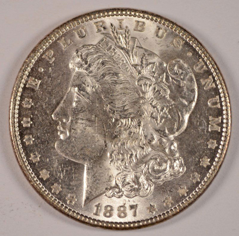 1887 MORGAN SILVER DOLLAR, CHOICE BU (1 of 2)