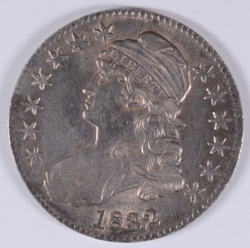 1832 BUST HALF DOLLAR AU/BU, NICE LUSTER, SOME WEAKNESS: Silvertowne Auctions is now ranked a #1 online coin auction house. ESTIMATE $525-$575