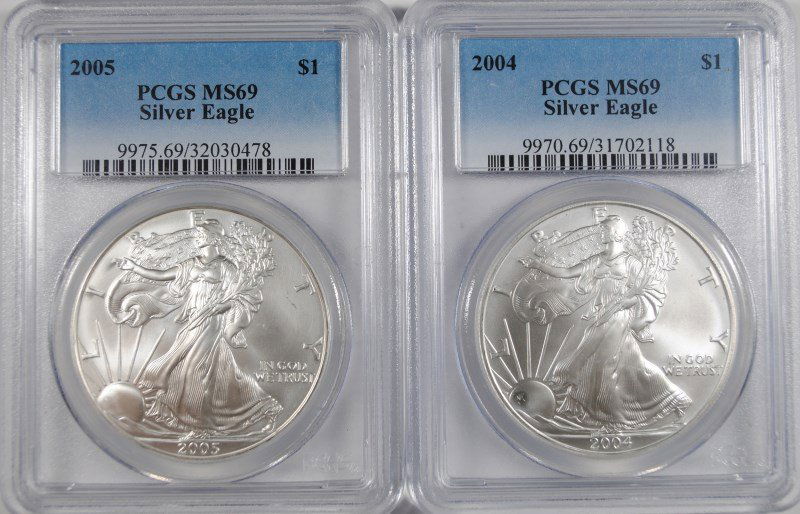 2004 & 2005 AMERICAN SILVER EAGLES, PCGS MS-69: Bid with confidence at Silvertowne Auctions. One of the internet’s leading Auction Houses. ESTIMATE 100.00-120.00