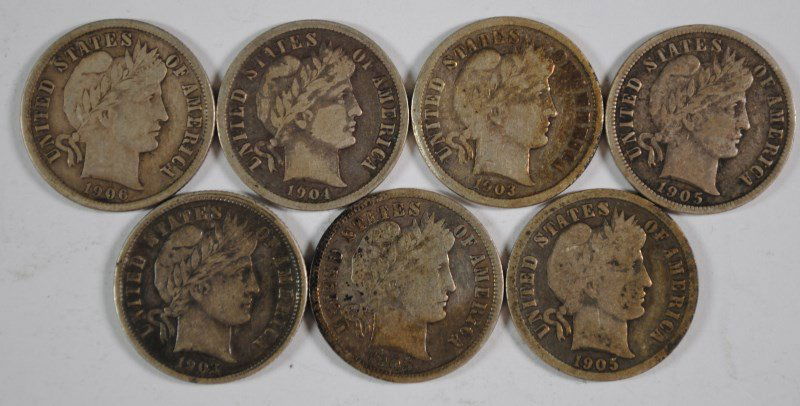 BARBER DIMES: 1903 XF, 1903-O VG, 1904 F, 1905 F, (1 of 2)