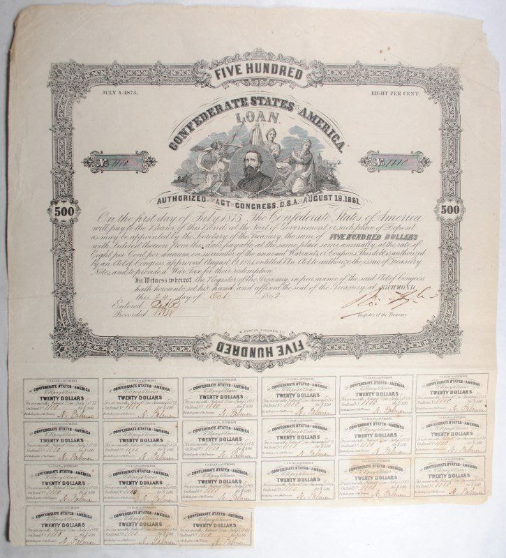 1861 $500.00 CSA BOND, VF WITH 21 COUPONS CR66/B93, (1 of 2)
