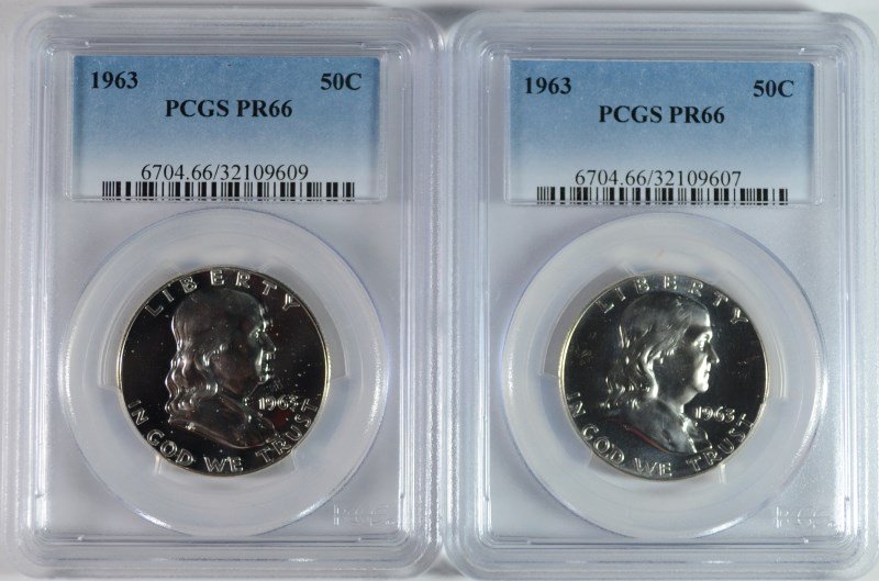 ( 2 ) 1963 FRANKLIN HALF DOLLARS, PCGS PR-66 (1 of 2)