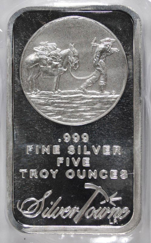 FIVE TROY OUNCE .999 SILVER BAR ( SILVERTOWNE )  GREAT (1 of 1)