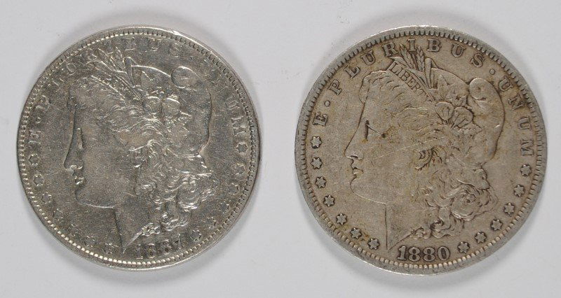2 MORGAN SILVER DOLLARS; 1880 & 1887 - BOTH VF (1 of 2)