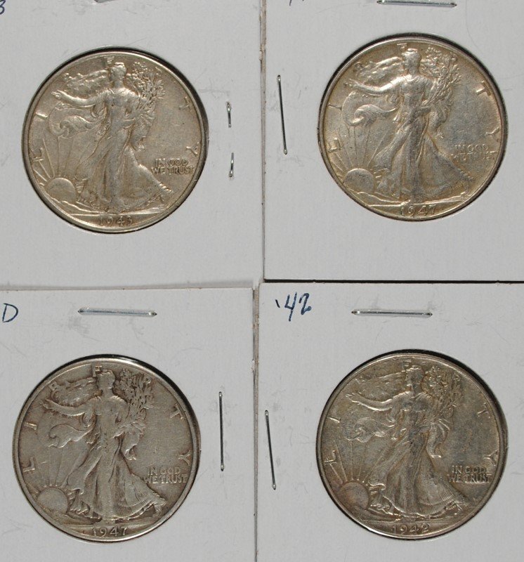 4 WALKING LIBERTY HALF DOLLARS - 1942, 1943, 1947, (1 of 2)