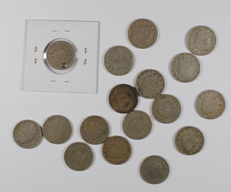 16 LIBERTY "V" NICKELS AG/G & 1 SHIELD NICKEL W/RAYS (1 of 1)