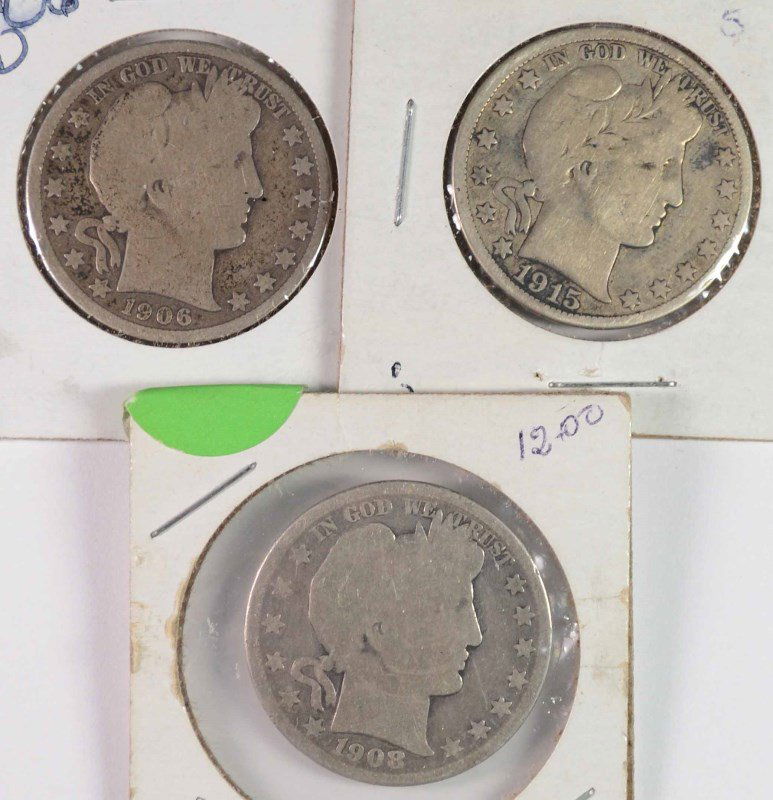 3 - BARBER HALF DOLLARS; 1906-D GOOD, 1908-O AG, 1915-S (1 of 2)