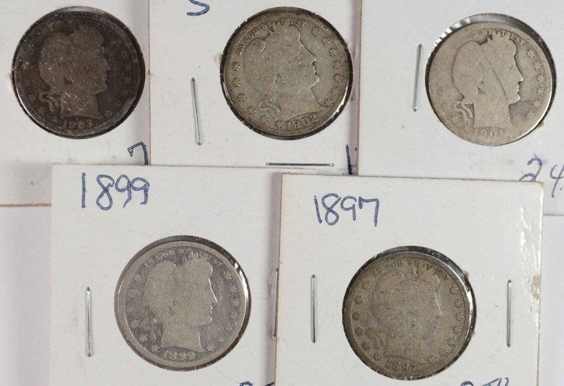 5 - BARBER QUARTERS; 1897, 1899, 1901, 1902-S, 1903 - (1 of 2)